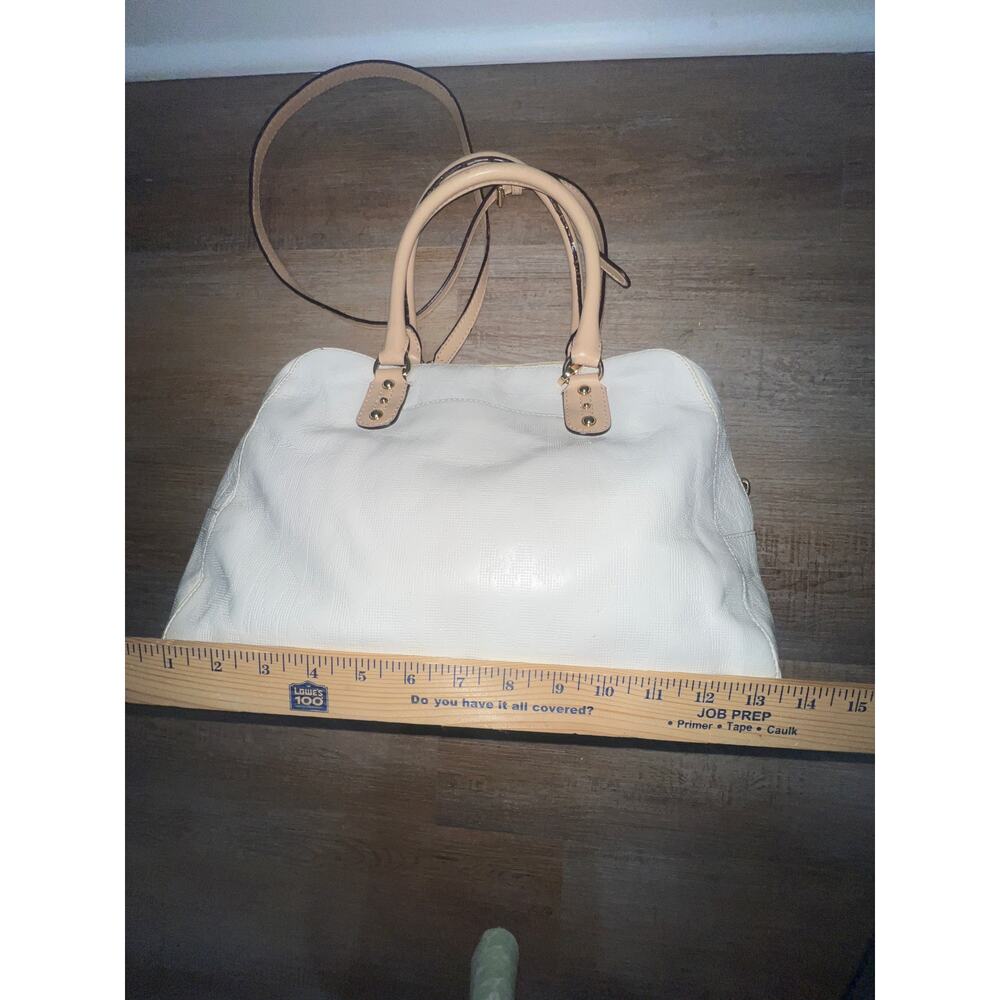 Michael Kors Monogram Cream Satchel Leather Trim Elegant Handbag - Picture 2 of 12